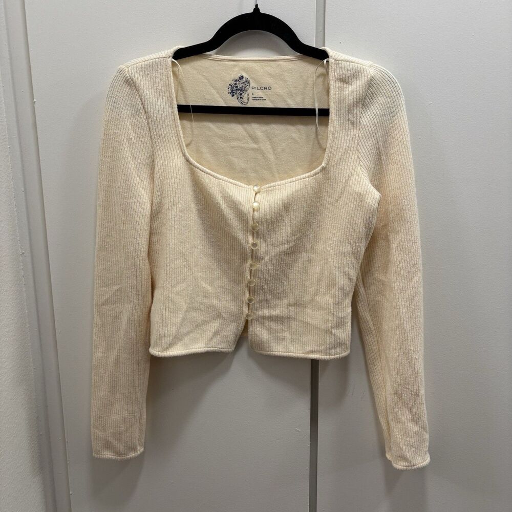 Anthropologie Pilcro Sz Small Cream Cropped Square Neck Cardigan Top Buttons